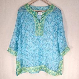 Gretchen Scott 100% Silk Colorful 3/4 Sleeve Sheer Boho Geometric Tunic Women LG - Picture 1 of 17