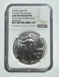 2024(P) Silver Eagle Star Privy NGC Gem UNC, 1 Of First 50000 - Picture 1 of 2