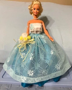 TURQUOISE & WHITE EVENING DRESS ORIGINAL HANDMADE BARBIE DOLL CLOTHES OOAK - Picture 1 of 5