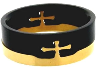TITANIUM 2-part PUZZLE Cross RING BAND with Black & Gold Plating,  size 8 - Image 1 of 4