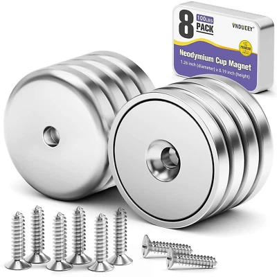 TECHNOLOGY BROKER 8Pack Round Base Cup Magnet 100LBS Rare Earth Magnet With Countersunk & Screw(8)
