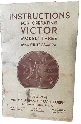 Victor Model 3 16mm Cine Camera Manual Vintage Animatograph Corp 1934 Iowa - Imagem 1 de 4