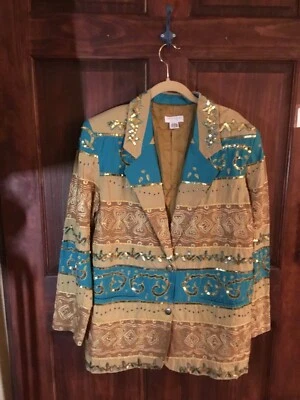 Chaqueta De Colección Grande Lew Magram Colección Oro Turquesa Bordada Lentejuelas Foto 1 de 4