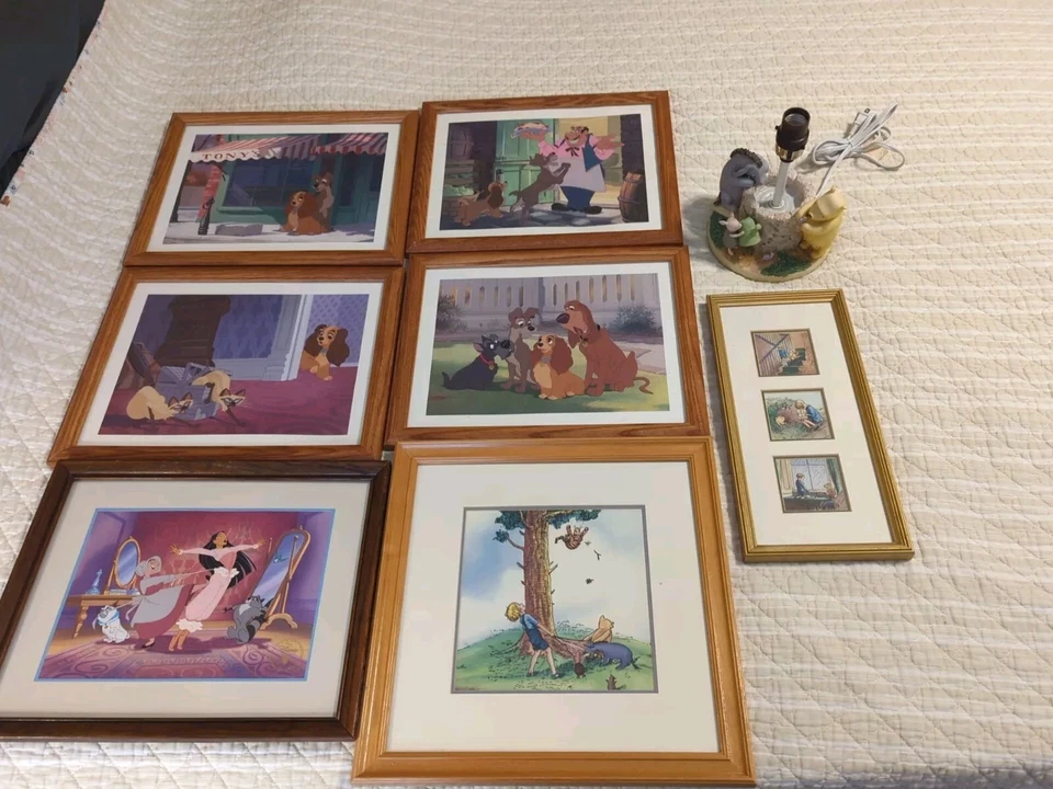 Lote de 7 más lámparas de arte de pared clásico enmarcado de Disney dama y el vagabundo Foto 1 de 4