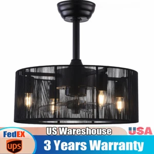 18'' Vintage Farmhouse Fandelier Lamp Caged Ceiling Fan Light w/ Remote Black - Picture 1 of 12