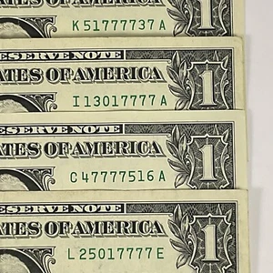 Four In A Row 7s Lot Of 4 Fancy Serial Numbers 2017A One Dollar Bills Four 7s - Picture 1 of 10