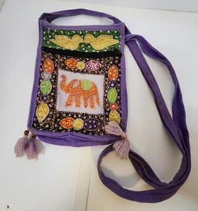 Borsa a tracolla viola elefante ricamata e cucita borsetta e floreale cucita a mano - Foto 1 di 5
