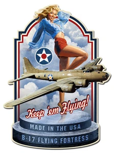 HECHO EN EE. UU. - Letrero de metal vintage B-17, PINUP, NO FIRMADO por Greg Hildebrandt - Imagen 1 de 3