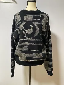 VINTAGE Saturdays Acrylic Knit Long Sleeve Pullover Size - Large 80s black white - Picture 1 of 11