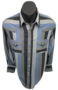 Western Fashion Shirt Mens Ranch Campdraft Pearl Snap LS Blue Grey Sz L 1990s - Picture 1 of 12