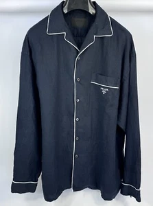 Prada - Logo Print Linen Shirt Size: M fits XL - Picture 1 of 13