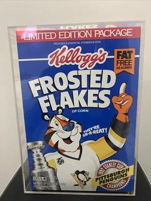 Kelloggs Frosted Flakes 1992 Pittsburgh Penguins Stanley Cup caja de cereales exhibida Foto 1 de 2