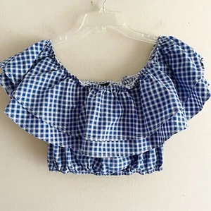 Meli Eve Off The Shoulders Crop Top Size L Country Gingham Ruffles Blue White - Picture 1 of 8
