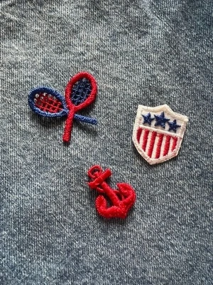 Vintage 1970s Patriotic Patch Set Red Anchor USA Shield and Tennis Racket Sew On - Image 1 of 4