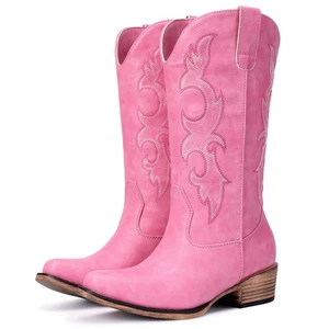 Pink Cowboy Boots for Women - Embroidered Cowgirl Boots Western Mid Calf Fash... - Picture 1 of 5