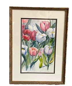 Original Watercolor Field Of Tulips Framed Signed 12x17 - Picture 1 of 9