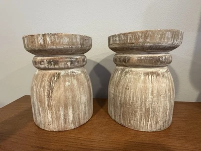 Rustic Wood Candle Holders Set of 2 Farmhouse Decor Distressed Carved Large - Image 1 of 4