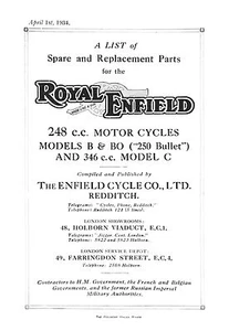 (0958) 1934 Royal Enfield B & BO ( 250 Bullet ) & 346cc C parts book - Picture 1 of 1