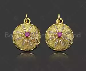 Ciondolo a forma rotonda con motivo floreale micro pavè di zirconi riempiti d'oro, oro 18 carati - Foto 1 di 6