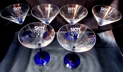 Rare Set Six SKYY VODKA Cosmopolitan Martini Libbey Glasses w Cobalt Blue Stems - Image 1 of 4