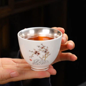 999 Sterling Silver Tea Cup Floral Print Under Glaze Porcelain Master Cup Of Tea - Picture 1 of 13