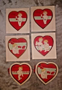 Vintage Valentine Cards 6 cards Little Blonde Kids in Hearts - Picture 1 of 1