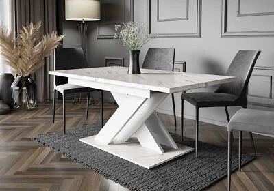 Extendable Table 140-180x80cm Kitchen White Marble Effect - Image 1 of 4