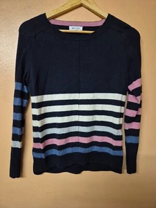 White Stuff Jumper Pullover Navy Blue White Pink Stripe Wool Blend Light Size 8 - Picture 1 of 5