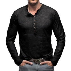 Camisa Henley de Algodón para Hombres Retro Manga Larga Camiseta Botón Lavado Cuello en V Prendas para el torso - Imagen 1 de 80
