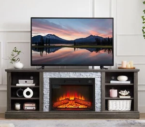 Large TV Desk Storage Rack with Faux Stacked Stone Surround,Media Console Table - Picture 1 of 9