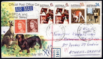 Cubierta de correo aéreo de Australia 1971 6c 12c 24c RSPCA animales registrados en Grecia Foto 1 de 2