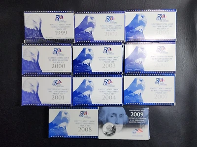Lot of 11, 1999 - 2009 US Mint 50 State Quarter Proof Sets - Image 1 of 2