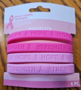 NEW 4 BREAST CANCER AWARENESS BRACELETS PINK RIBBON HOPE STRENGTH SILICONE LOVE - Picture 1 of 2
