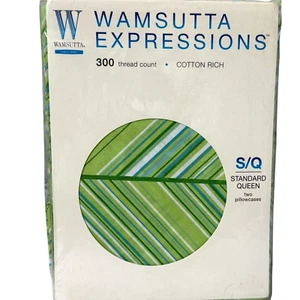 WAMSUTTA Expressions Pillowcases Set Standard Green Chevron Stripe Cotton Blend - Picture 1 of 8