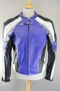 FRANK THOMAS BLUE, BLACK, WHITE & SILVER LEATHER BIKER JCKT WITH PROTECTORS 40IN - Picture 1 of 9