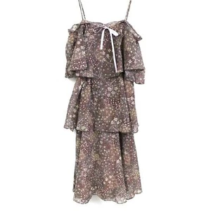 Retro VTG Tiered Dress Polyester 1970s Mini Print Purple Brown Womens S/M Hippy - Picture 1 of 4