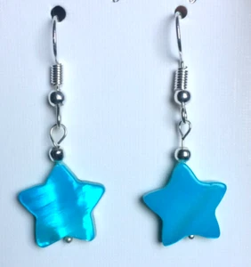 Blue Coloured Star Shape Double Sided Shell Dangle / Drop Hook Earrings. - Picture 1 of 2