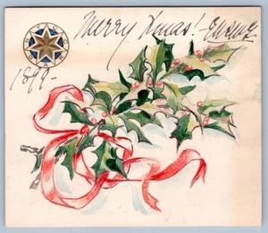 1899 N.Y.C.C.D.A.R. HAND PAINTED HOLLY MERRY CHRISTMAS ANTIQUE GREETING CARD - Imagen 1 de 2