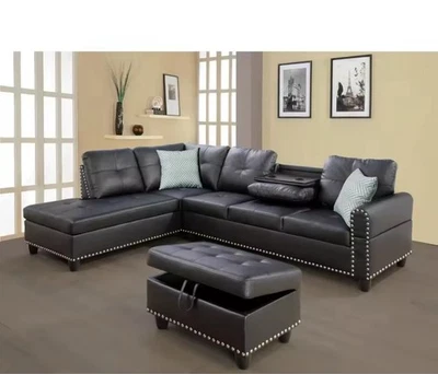 L-Shaped Modern 4-Seater Sectional Sofa Set | Chaise Lounge, Ottoman & 2 Pillows - Image 1 of 4