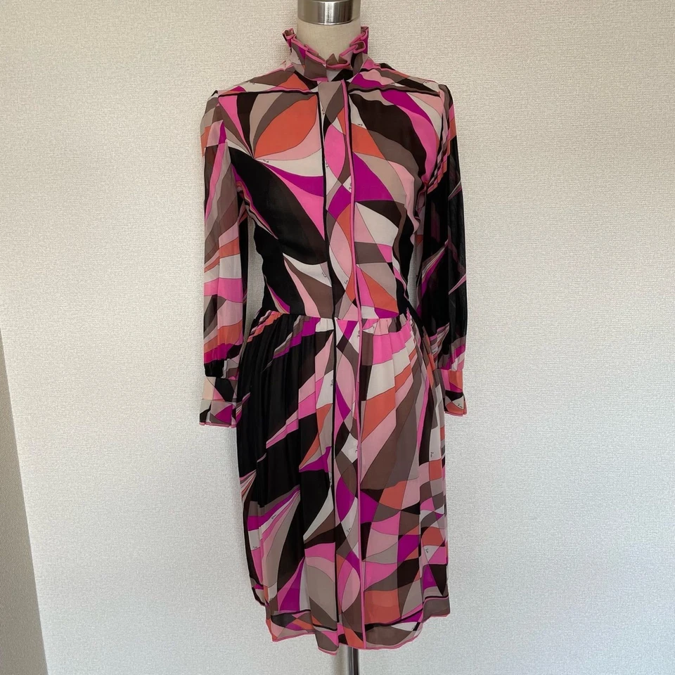 Emilio Pucci Vintage High Neck Long Sleeve Dress Pink Black Italy Rare - Image 1 of 4