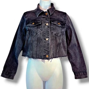 Giacca jeans Hollister junior piccola nera antracite denim cropped retrò orlo grezzo - Foto 1 di 13