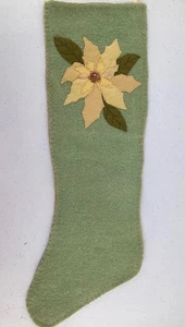 Flower Poinsettia Felted Wool Stocking Green With Leaves 23.5” Long - Picture 1 of 6