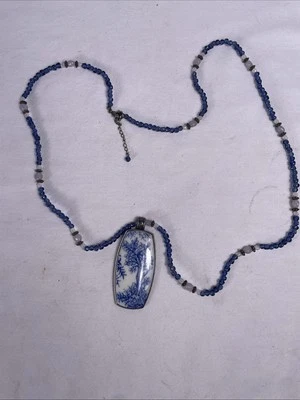 Blue & White Beaded Necklace W/ Ornate Enamel And Pewter Pendant 36” Chain - Image 1 of 4