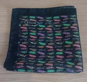 Eton Shirts Silk Pocket Square Black With Multicoloured Feathers Free UK Postage - Picture 1 of 7