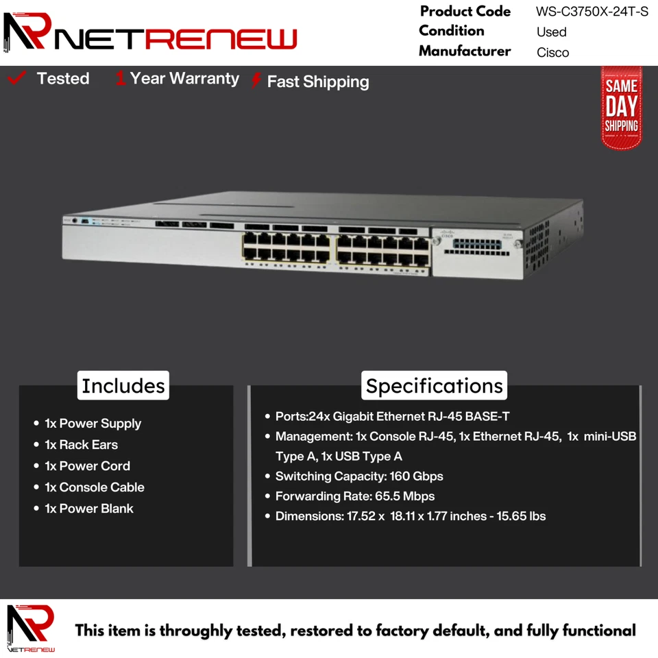 Cisco WS-C3750X-24T-S Catalyst 3750X 24-Port Gigabit Ethernet Switch - Image 1 of 1