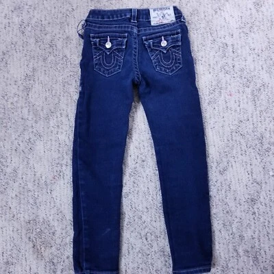 Pantalones de mezclilla True Religion ajustados azules puntada rosa solapa bolsillo niños niñas 6X Foto 1 de 4