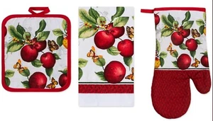 3pc Set: 1 Jumbo Pot Holder, 1 Oven Mitt & 1 Towel, APPLES &BUTTERFLIES, Premius - Picture 1 of 4