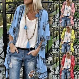 Womens Floral Beach Kimono Blouse Chiffon Cardigan Shawl Cover Up Tops Plus Size - Picture 1 of 18