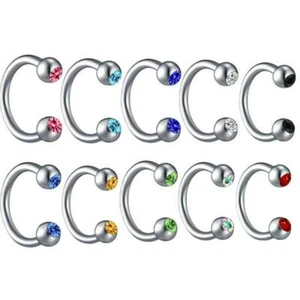 10pcs Surgical Steel Horseshoe CRYSTAL GEM Ball Lip Nose Septum Ear Ring Stud - Picture 1 of 15