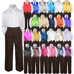 23 Color 4 Pieces Brown Vest set Necktie Boy Baby Toddler Formal Tuxedo Suit S-7 - Picture 1 of 25